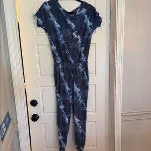 Casual Tie-Dye Short Sleeve Jumpsuit in Navy & Light Blue